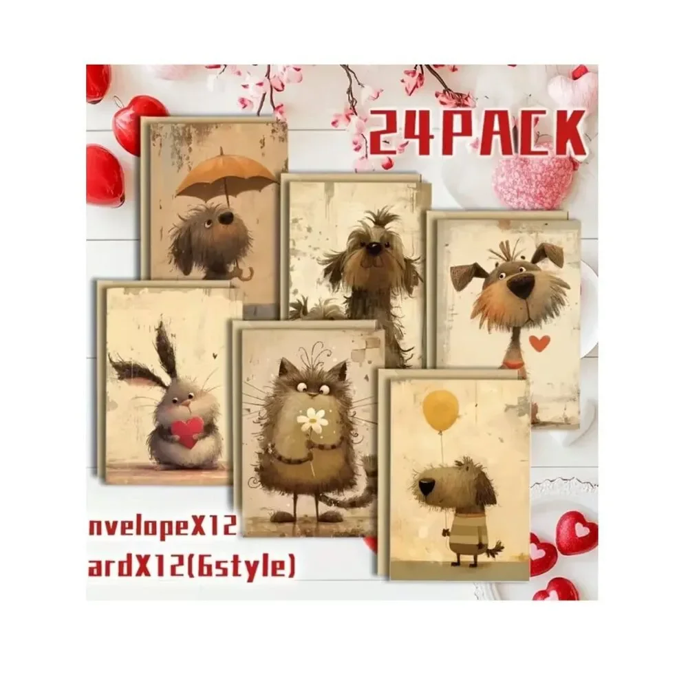 NWT 24pc Vintage Whimsical Cartoon Animal Greeting Card Assortment Set